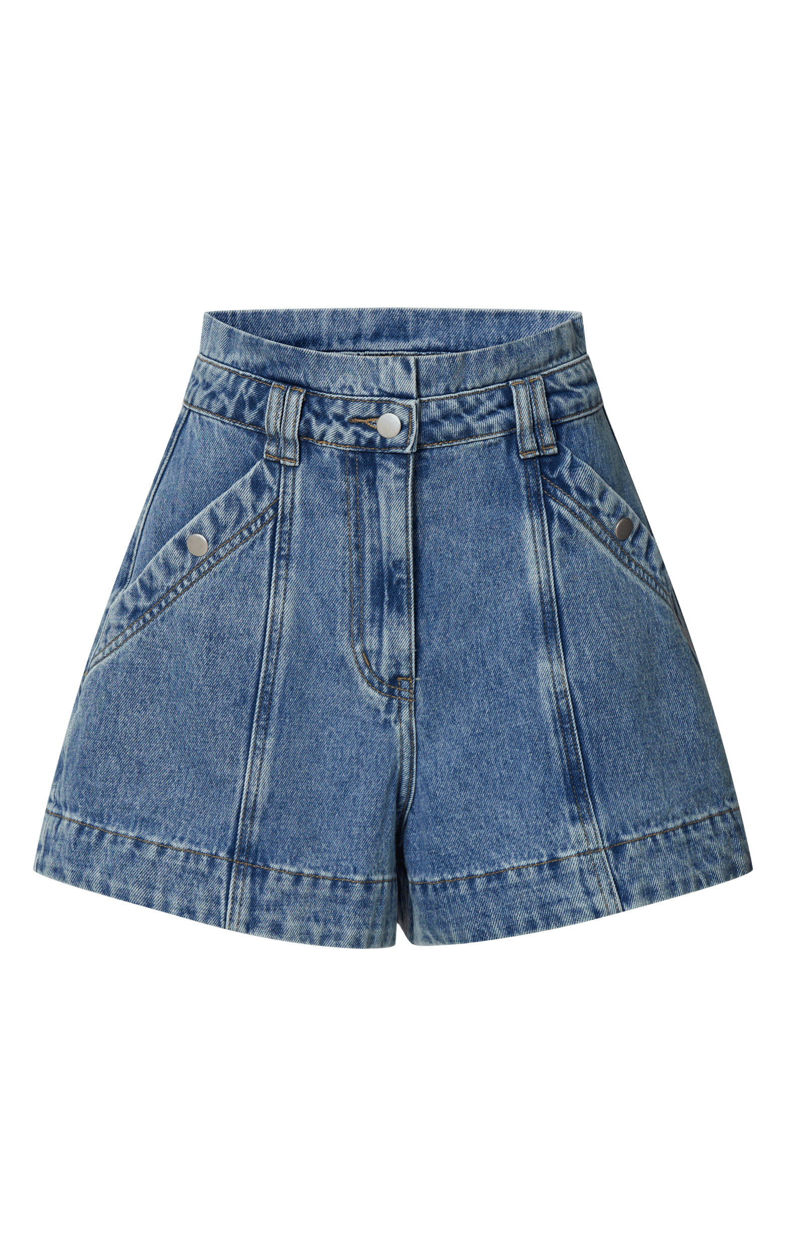 Kayla Shorts - High Waisted A Line Denim Shorts in Mid Blue