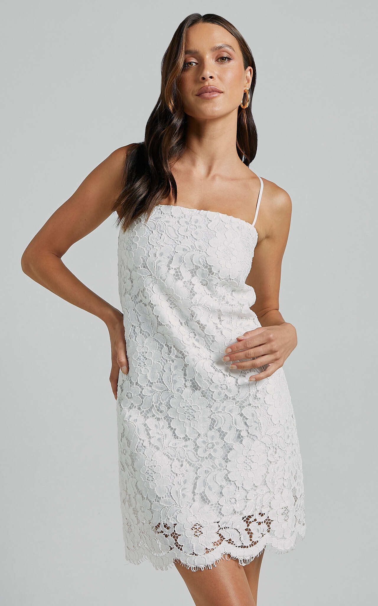 Cera Mini Dress Strappy Lace Slip in White