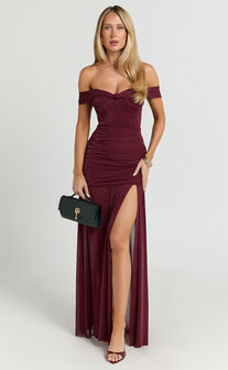 Lilliana Maxi Dress - Glitter Tulle Off Shoulder Tie Front Ruched High Split Dress in Wine