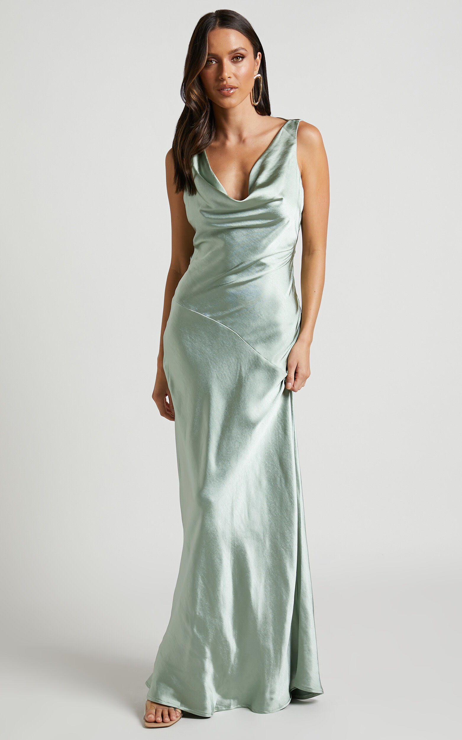 Adilah Maxi Dress Cowl Neck Satin Dress in Pistachio