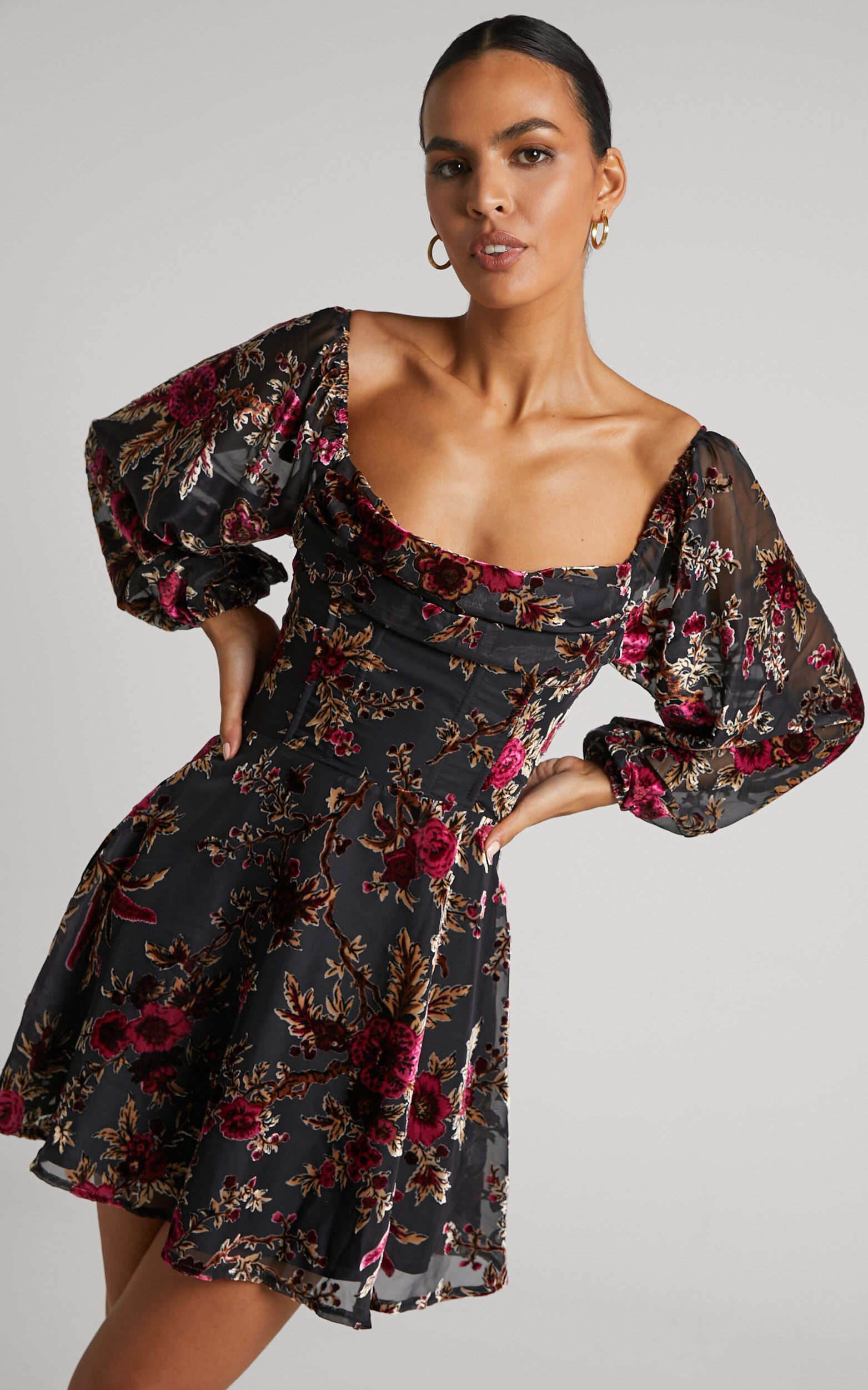 Black floral shop mini dress