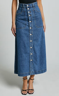 Alisa Midi Skirt - Button Through A Line Denim in Dark Blue Wash