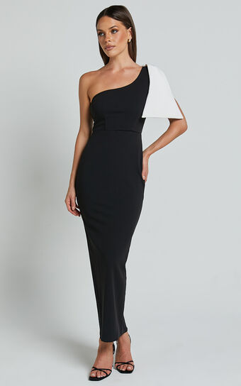 Adrianne Midi Dress - Bow Detail Dress in BLACK/WHITE