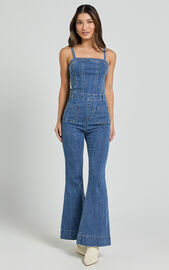 Joey Jumpsuit - Panelled Cami Flared Bottom Denim Jumpsuit in Dark Blue ...