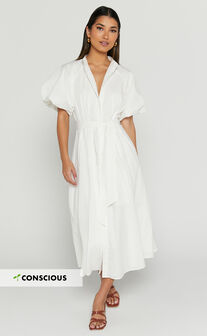 Sabrina Midi Dress - Linen Look Raglan Sleeve Belted Dress in White