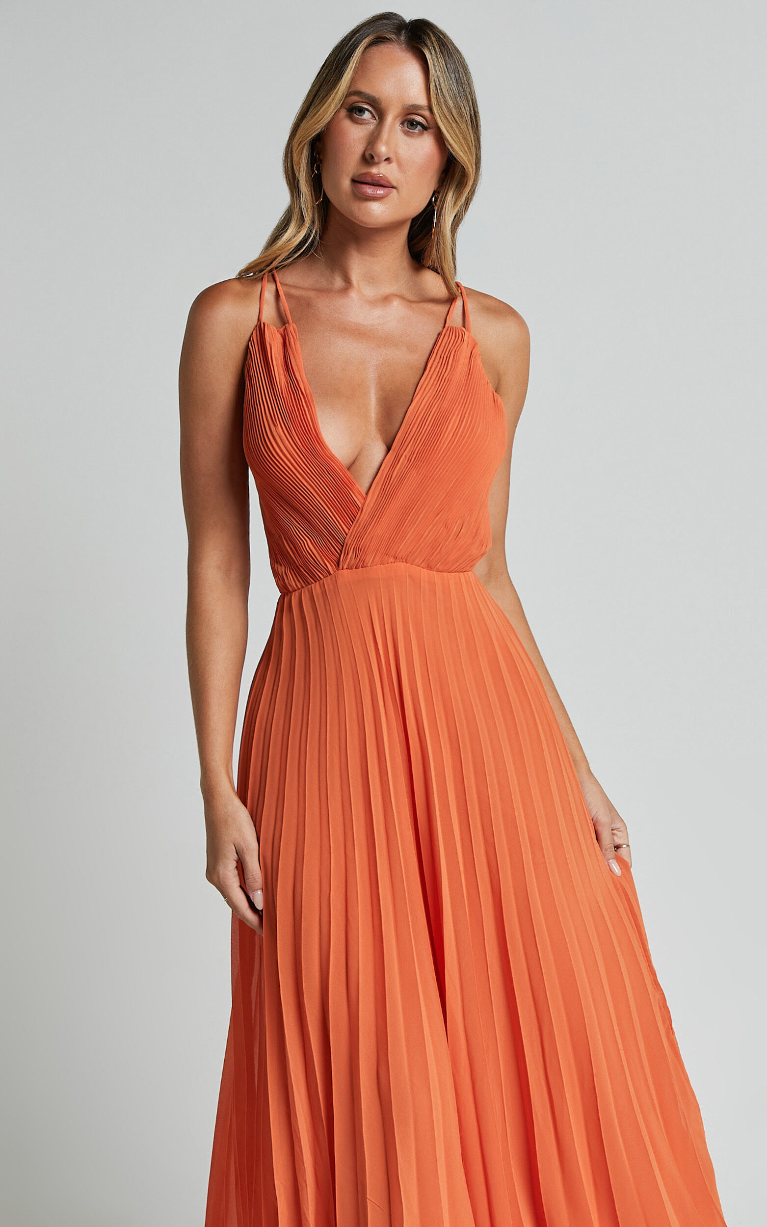 Brylee Midi Dress Satin Pleated Wrap Dress in Orange
