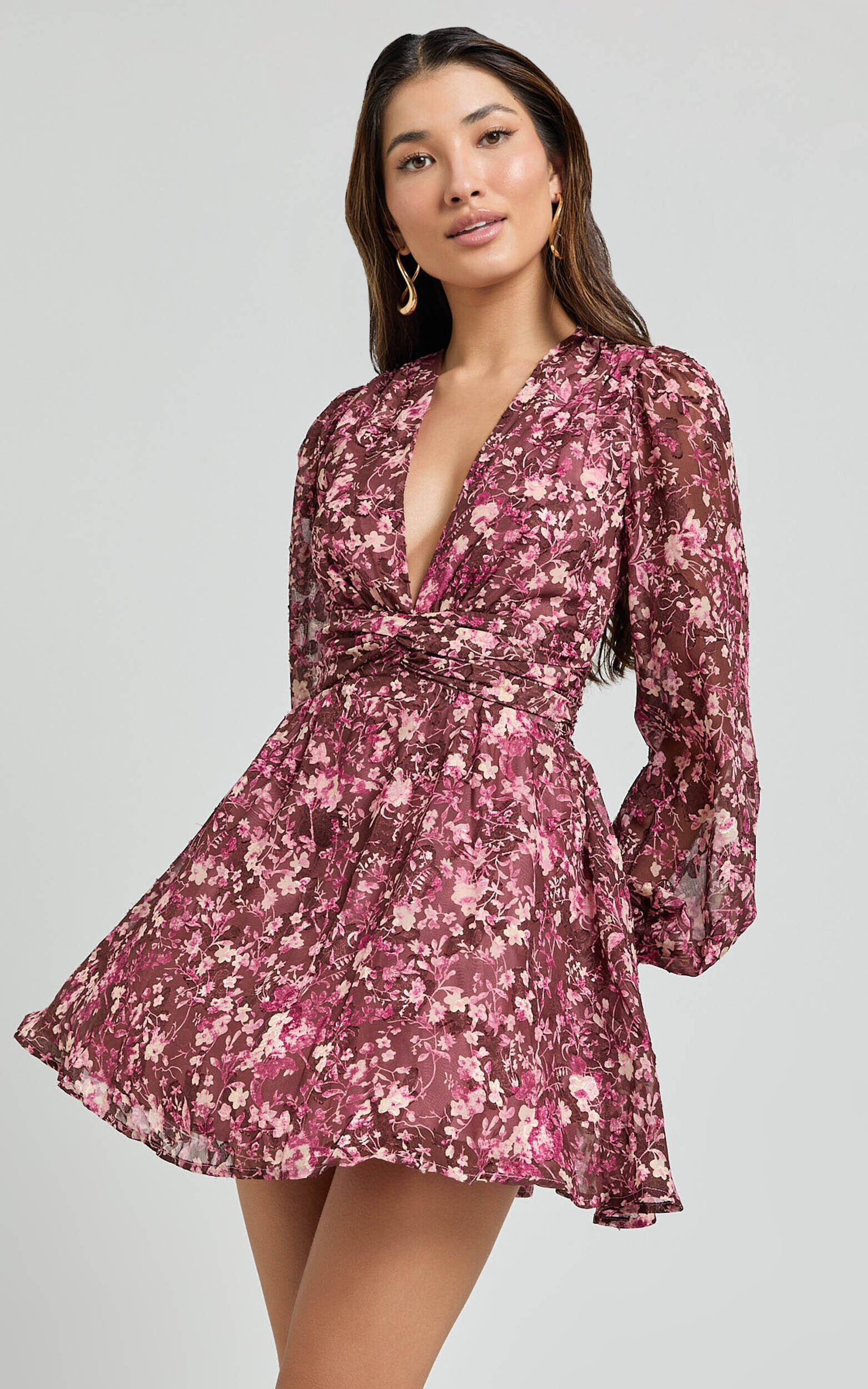 Eleanor Mini Dress - Plunge Twist Front Jacquard Dress in Wine Floral - 04, WNE1