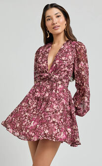 Eleanor Mini Dress - Plunge Twist Front Jacquard Dress in Wine Floral