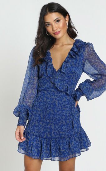 Alesha Long Sleeve Mini dress in cobalt blue floral