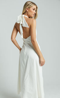 Amalie The Label - Freesia Linen Blend Halter Tie Neck Midi Dress in White