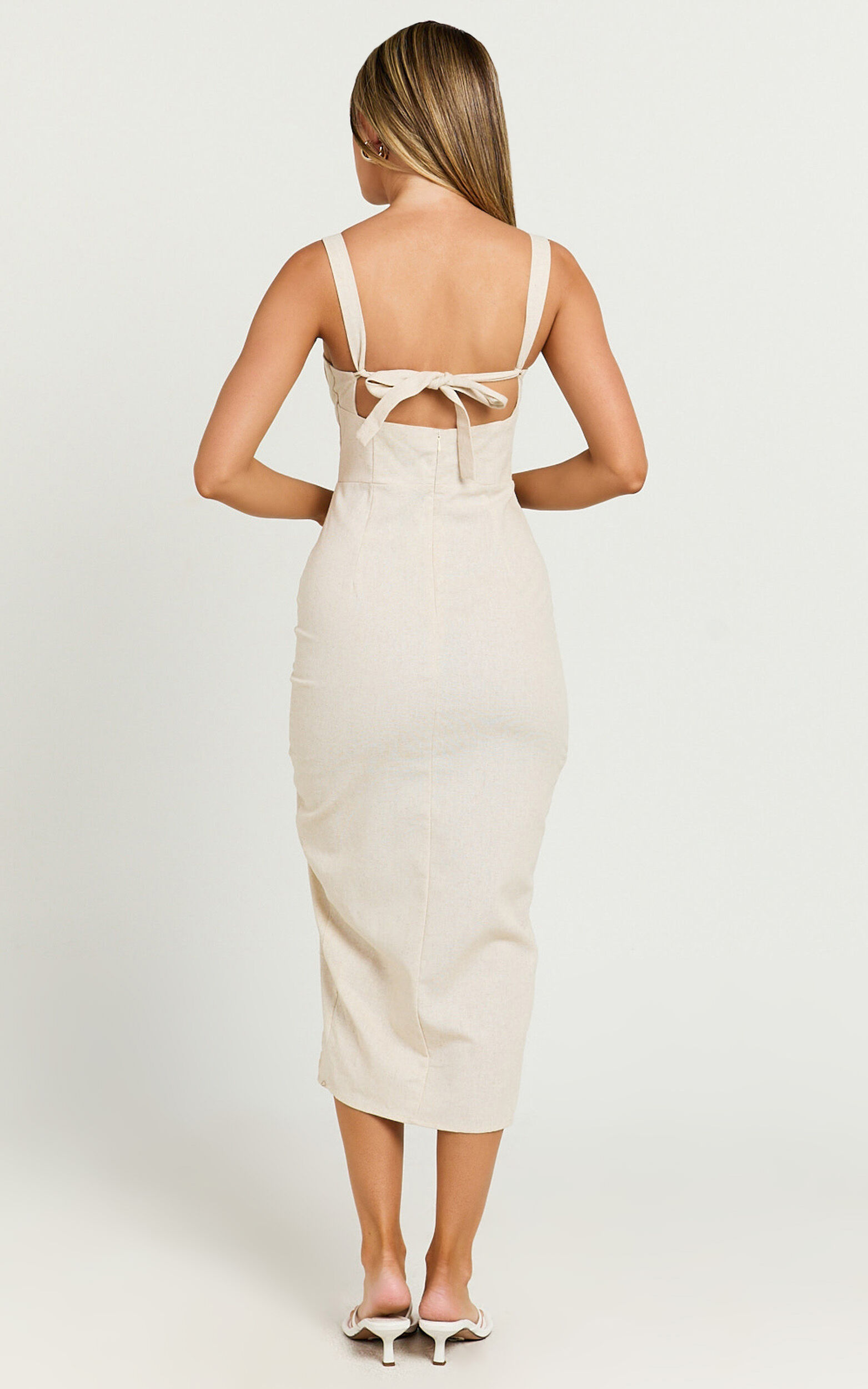 Griffin Midi Linen Blend Dress - Embroidered Tie Back Ruched Dress in ...