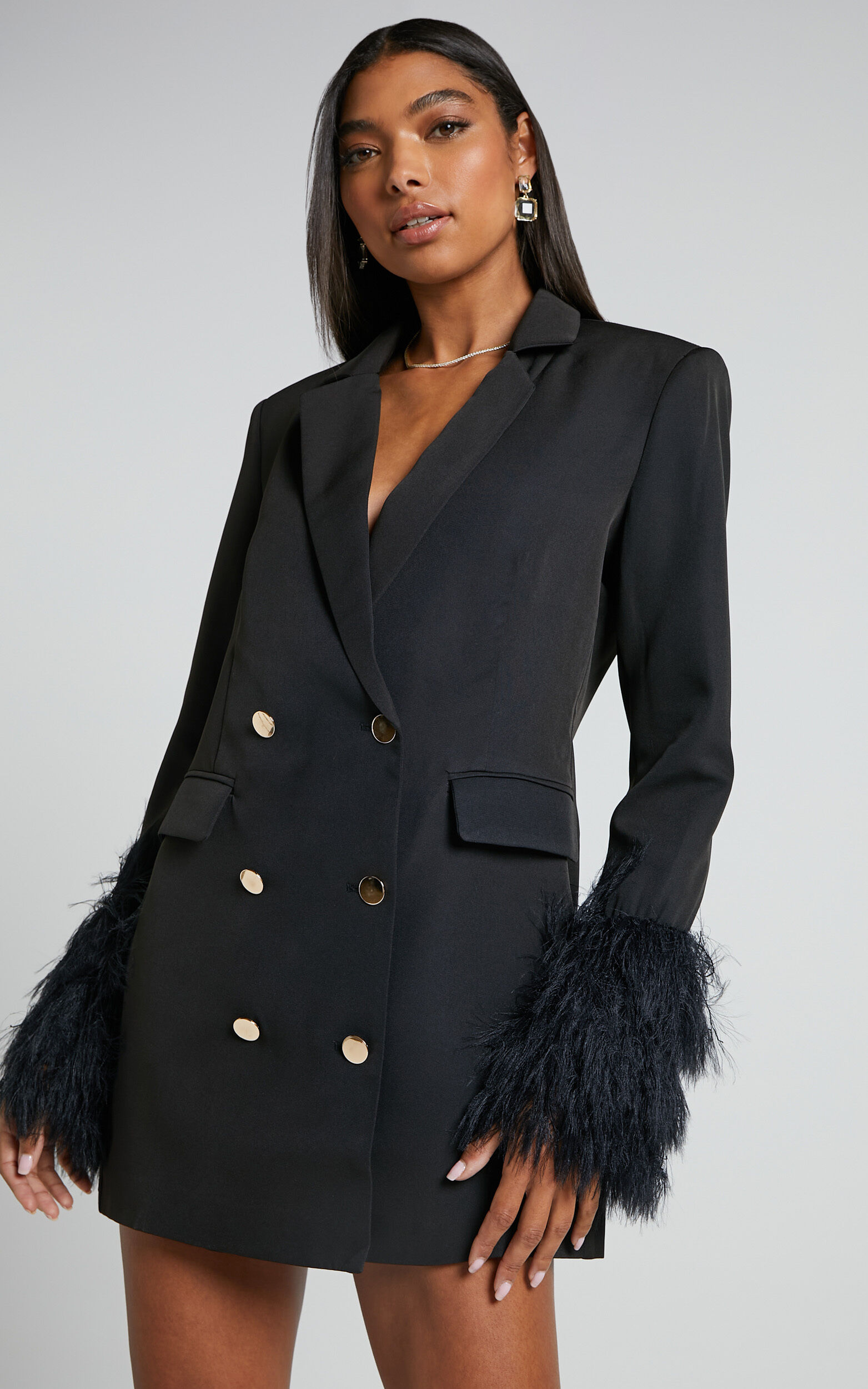 Rhaiza Mini Dress Faux Feather Trim Double Breasted Blazer Dress in Black Showpo