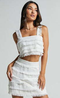 Lylah Two Piece Set - Fringe Crop Top and Mini Skirt Set in Ivory