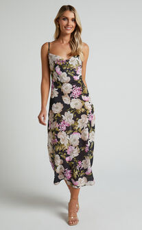 Dylan Midi Dress - Cowl Neck Dress in Midnight Floral