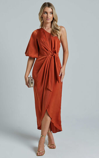 Janae Midi Dress - One Shoulder 3/4 Sleeve Wrap in Copper