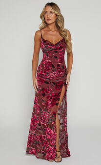 Aletta Maxi Dress - Cowl Cross Back Dress in Wine Floral