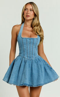 Hayes Mini Dress - Halter Neck Corset Bodice Dress in Mid Blue Wash