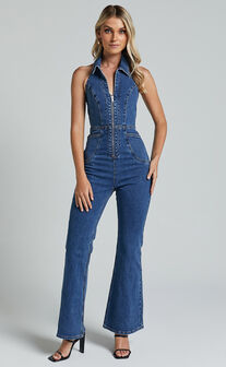 Casidy Jumpsuit - Zip Front Collared Halter Neck Denim in Mid Blue Wash