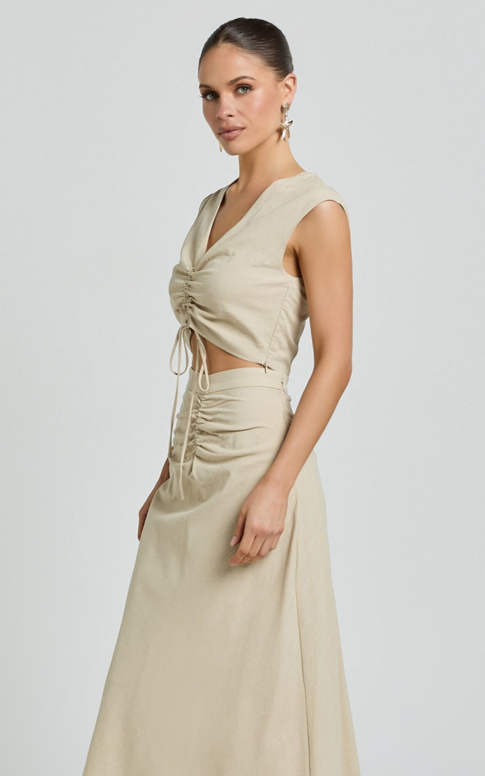 Devan Two Piece Set Ruched Crop Top and A Line Midi Skirt Set in Sand Showpo