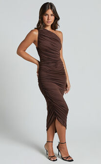 Lovlin Midi Dress - One Shoulder Ruched Dress in Chocolate