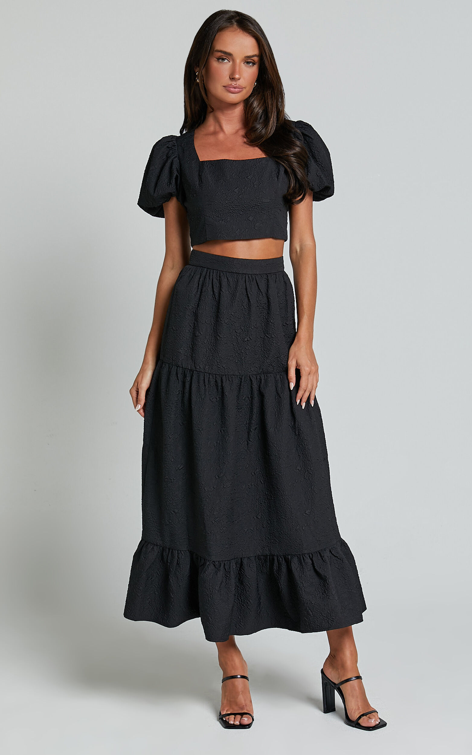 Black ruffle skirt set online
