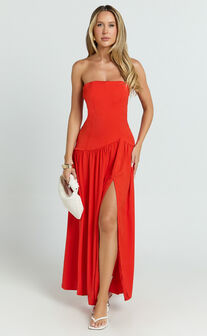Nadiane Maxi Dress - Strapless Asymmetric Drop Waist Dress in Orange