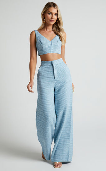 Adelaide Two Piece Set - Crop Top and Wide Leg Pants Set in Baby Blue