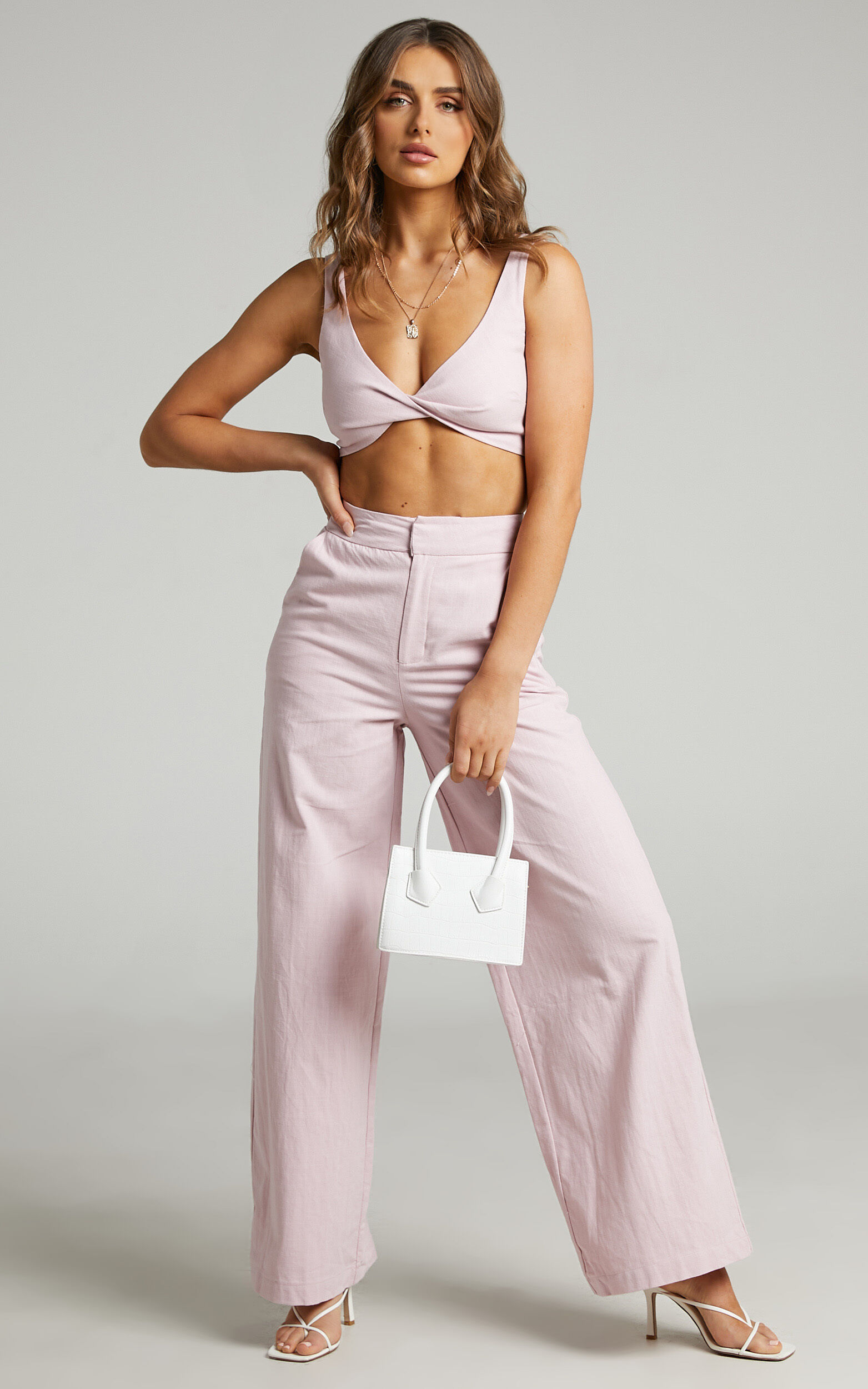 Kingston Two Piece Set - Twist Front Twill and Wide Leg Pants Set in Pink - 04, PNK2