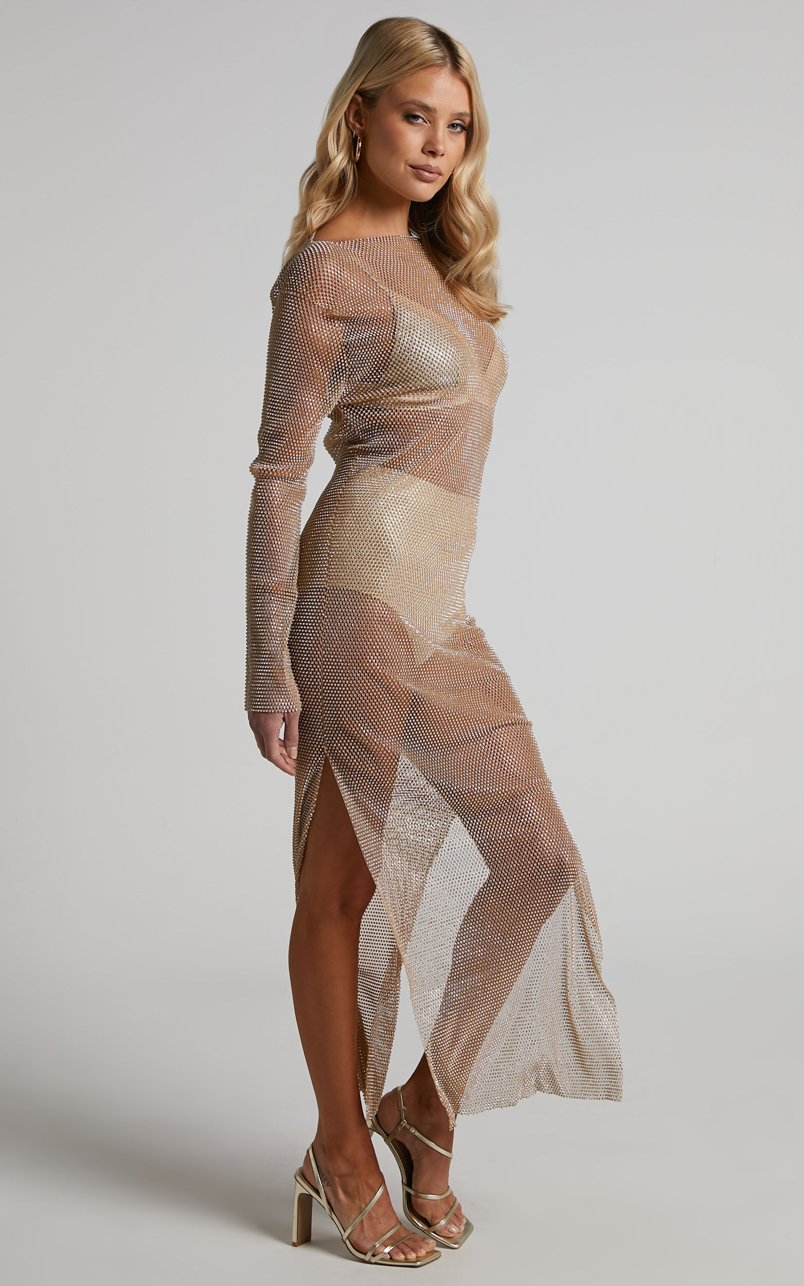 Karmen Midi Dress Long Sleeve Split Diamante Mesh Dress in Gold Showpo EU