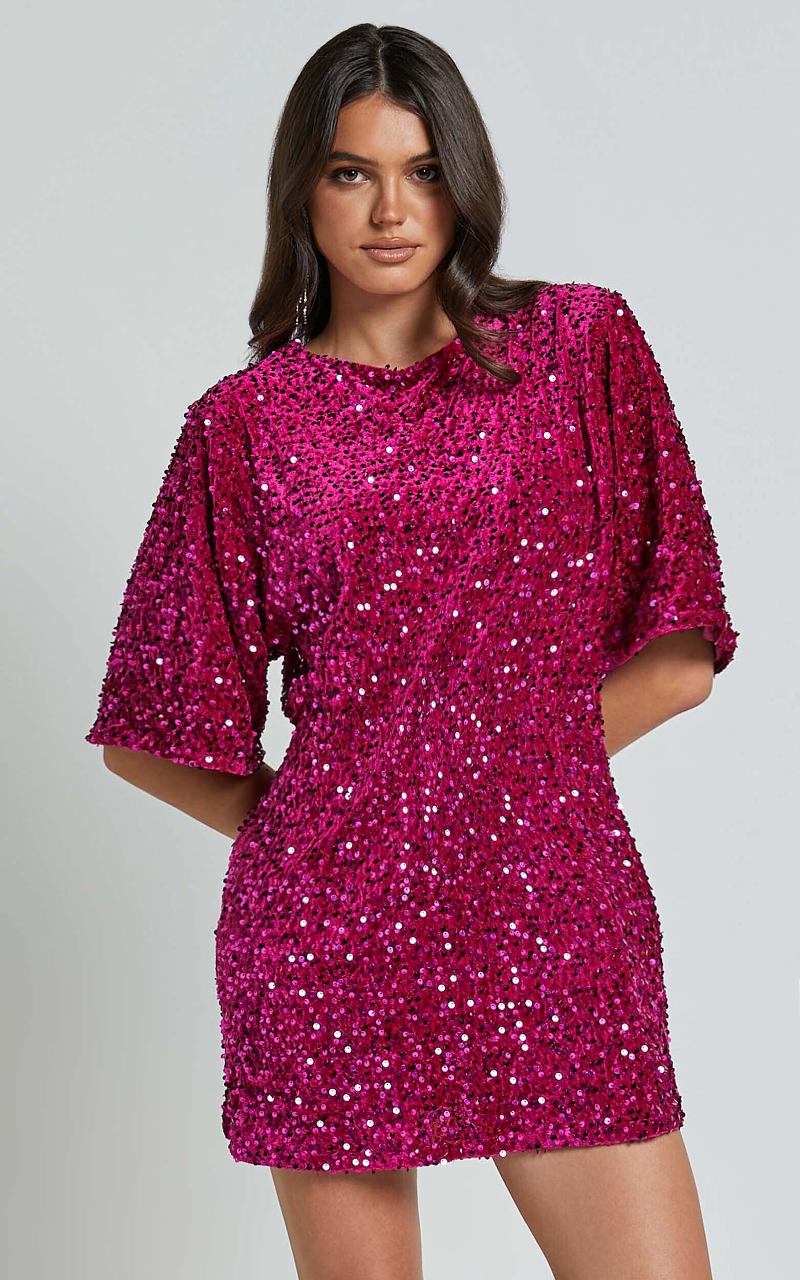 Valetta Mini Dress - Sequin low back shift dress in Hot Pink - 06, PNK2