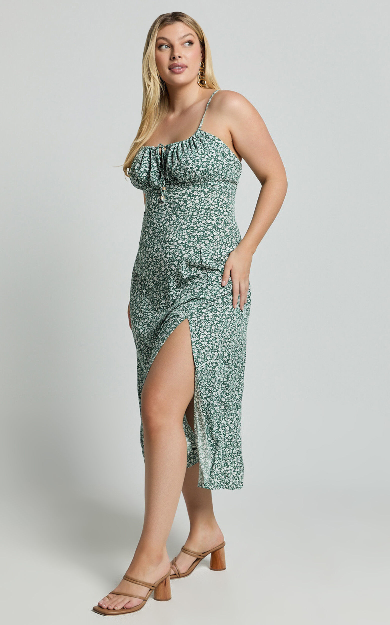 Willa Midi Dress - Ruched Bust Thigh Split Dress in Olive