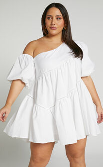 Harleen Mini Dress - Linen Look Asymmetrical Trim Puff Sleeve Dress in White