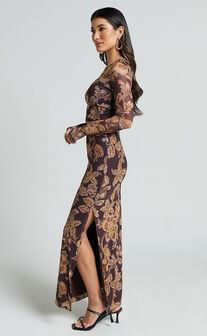 Willow Two Piece Set - Long Sleeve Top and Midi Skirt Mesh Set in Amber Bloom Print