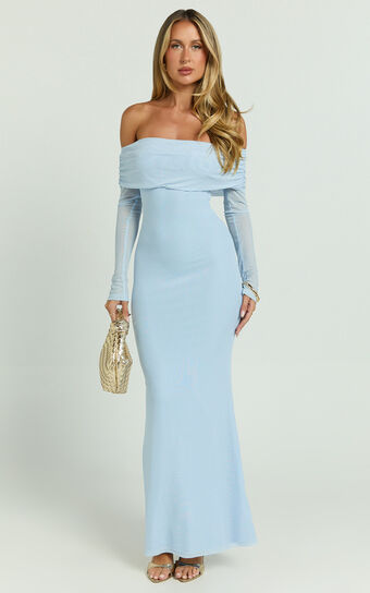 Bethanie Maxi Dress - Off The Shoulder Mesh Dress in Ice Blue