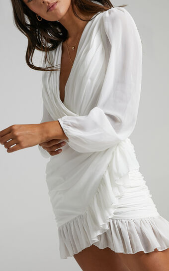 Can I Be Your Honey Mini Dress - Plunge Balloon Sleeve Dress in White Showpo