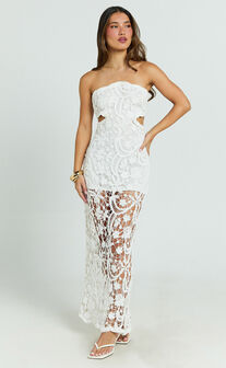Heather Maxi Dress - Square Neck Strappy Fitted Crochet Column Dress in White