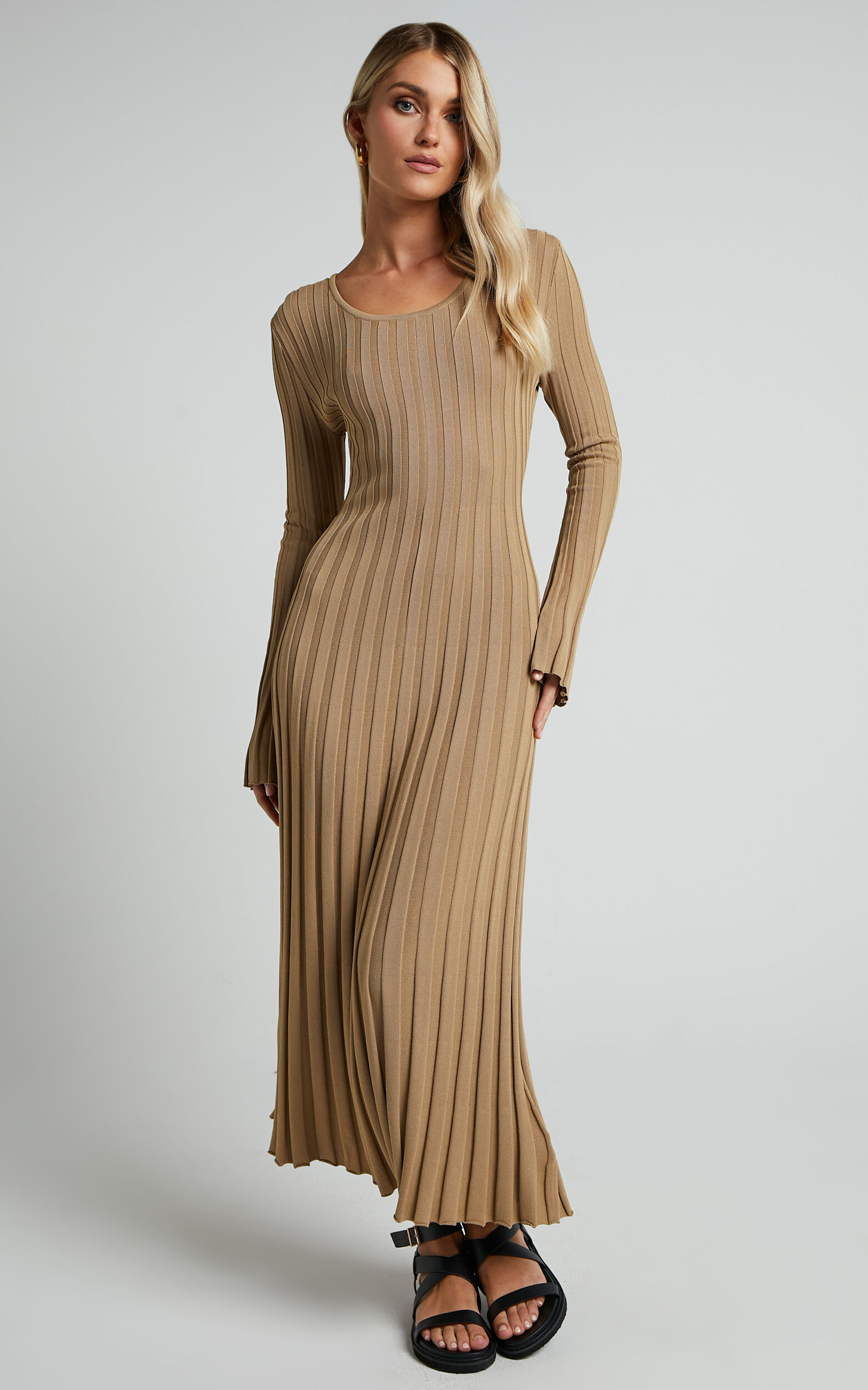 Blaire Midi Dress Long Sleeve Tie Back Flare Dress in Roasted Cashew Showpo