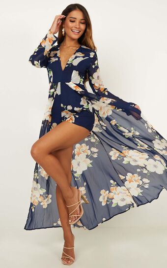 Steal The Show Playsuit In Navy Tropical Floral 