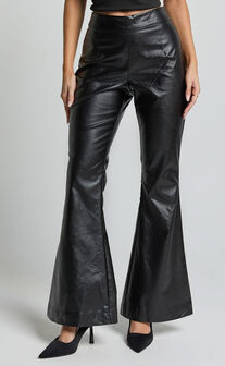 Ravina Pants - High Waist Faux Leather Flare Pants in Black