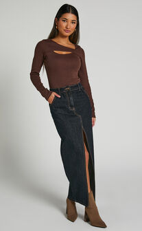Remi Top - Long Sleeve Asymmetric Cut Out Top in Brown