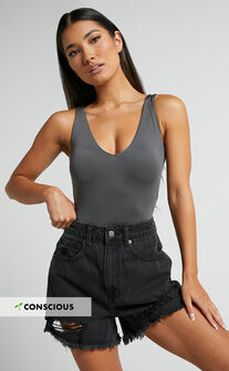 Mindae Shorts - Recycled Cotton Ripped Denim Shorts in Washed Black