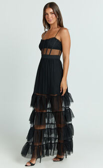 Evelynn Midi Dress - Sweetheart Corset Bodice Fit & Flare Tiered in Black