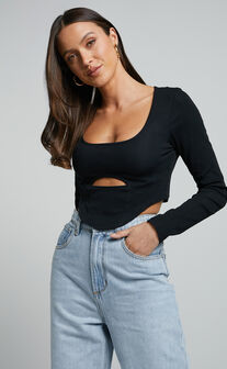 Henley Top - Corset Detail Cut Out Long Sleeve Top in Black