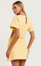 Samira Mini Dress - Ruched Cut Out Linen Look Dress in Lemon | Showpo