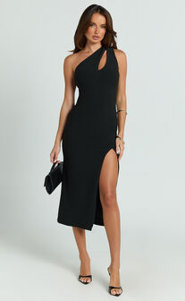 Adriene Midi Dress - One Shoulder Cut Out Bodycon Dress in Black
