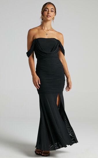 Melissa Ruched Maxi Dress in black mesh