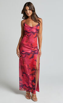 Lula Maxi Dress - Cowl Neck Thigh Split Dress in Adeana Print