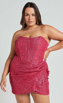 Akhira Mini Dress - Corset Detail Strapless Sequin Dress in Pink