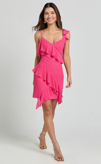 Zaria Mini Dress - Asymmetric Frill Detail Mini Dress in Hot Pink