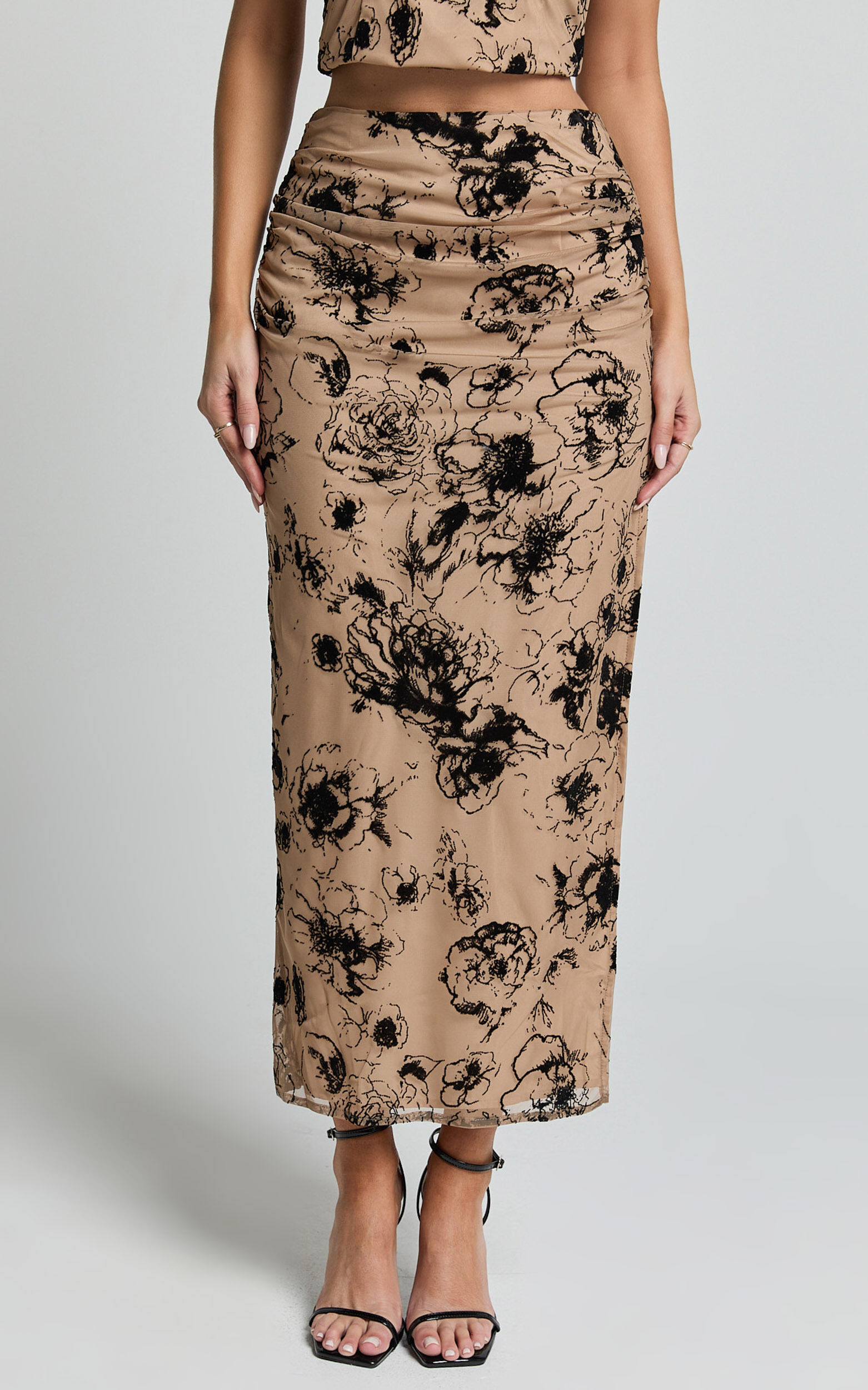 Athena Maxi Skirt Floral Mesh High Waist Skirt in Brown and Black Burnout Showpo USA